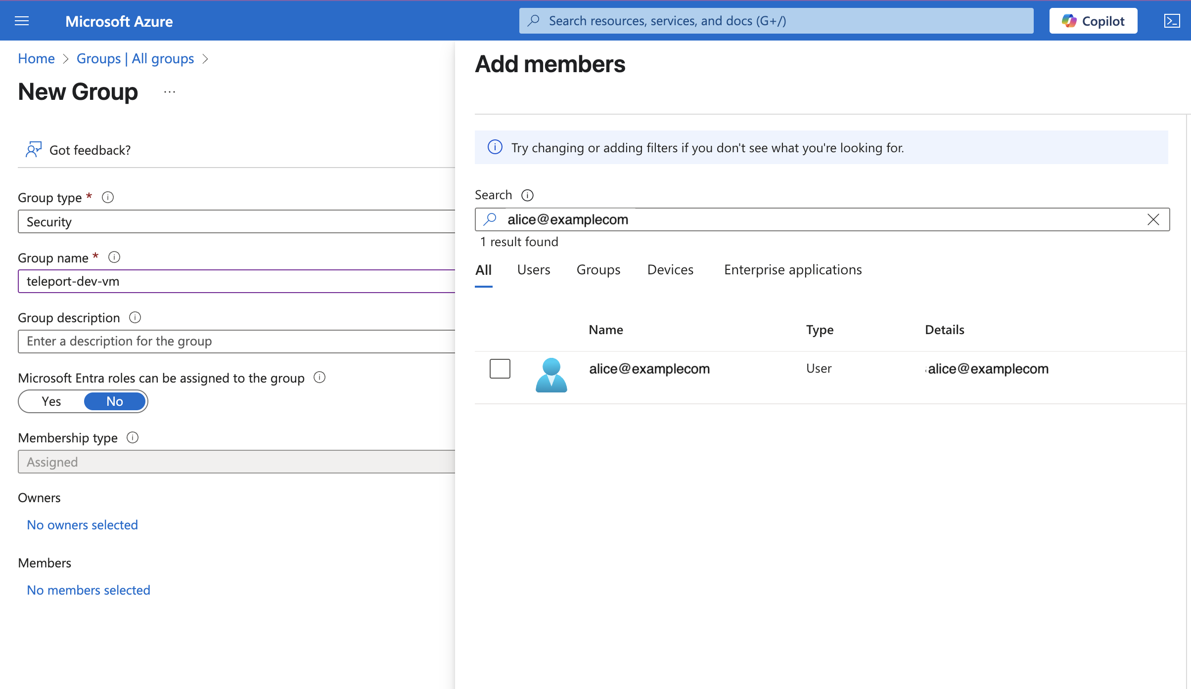 Entra ID create user group